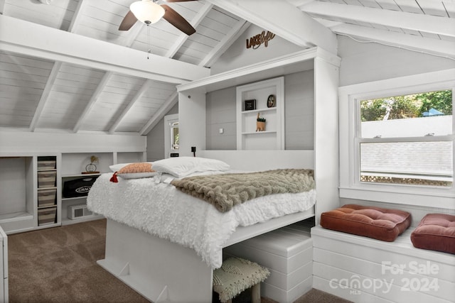 bedroom with vaulted ceiling with beams, wooden ceiling, dark carpet, and ceiling fan