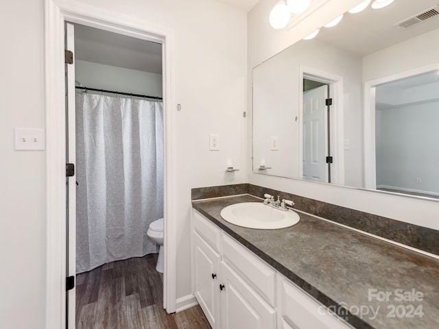 bathroom with vanity, toilet, and wood-type flooring