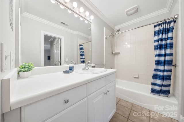 bathroom featuring tile patterned flooring, vanity, ornamental molding, and shower / bath combo with shower curtain