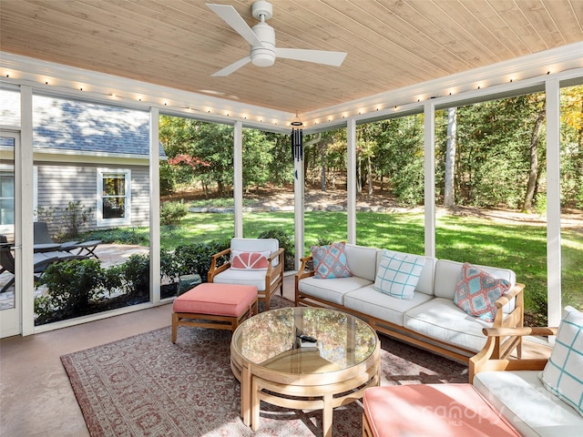 sunroom featuring wood ceiling and ceiling fan