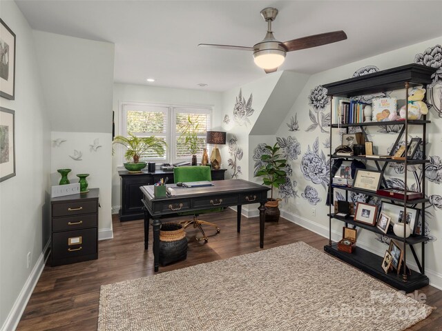 office featuring ceiling fan and dark hardwood / wood-style floors