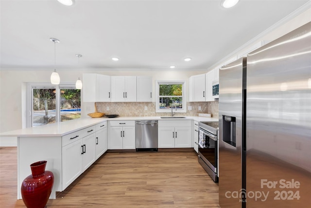 kitchen with appliances with stainless steel finishes, sink, plenty of natural light, and hanging light fixtures