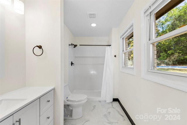 bathroom featuring toilet, vanity, and a shower with shower curtain