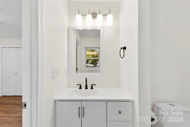 bathroom with vanity, hardwood / wood-style flooring, and toilet