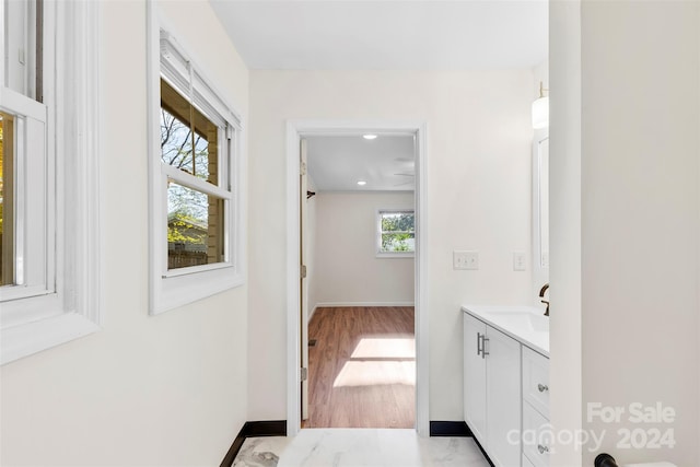 bathroom featuring vanity and hardwood / wood-style floors