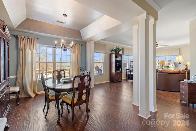 dining area featuring ceiling fan with notable chandelier, a raised ceiling, and dark hardwood / wood-style flooring