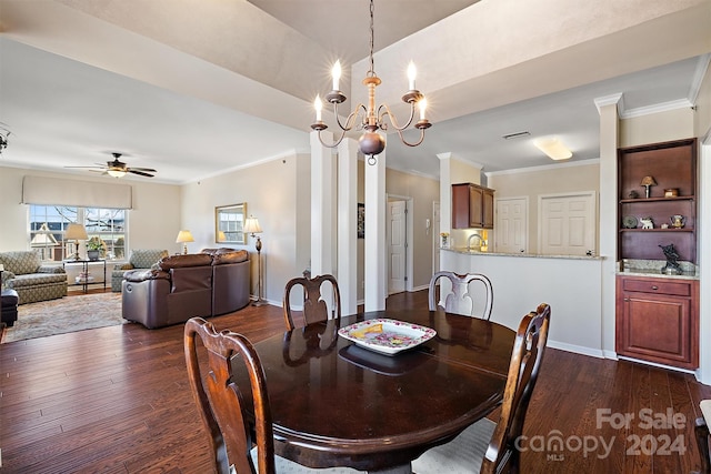 dining area featuring sink, crown molding, ceiling fan with notable chandelier, and dark hardwood / wood-style flooring