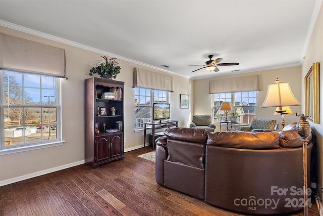 living room featuring ornamental molding, ceiling fan, and dark hardwood / wood-style flooring