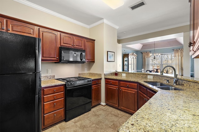 kitchen with black appliances, sink, kitchen peninsula, ornamental molding, and an inviting chandelier