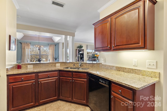 kitchen with sink, dishwasher, crown molding, and a chandelier