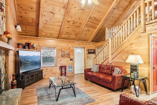 living room with wooden walls, wood ceiling, hardwood / wood-style flooring, and vaulted ceiling with beams