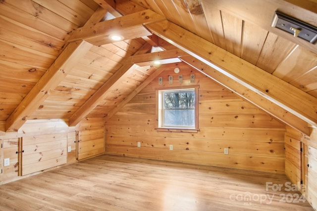 additional living space featuring hardwood / wood-style floors, wooden ceiling, wooden walls, and lofted ceiling with beams