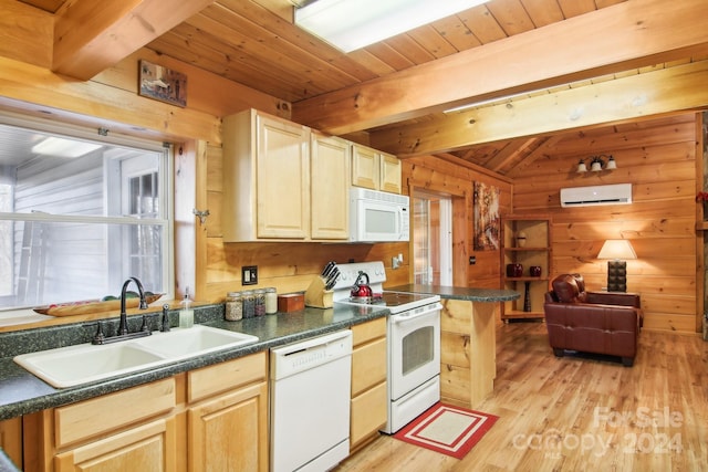 kitchen with beamed ceiling, sink, white appliances, light hardwood / wood-style flooring, and wooden walls