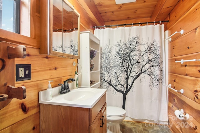 bathroom featuring a shower with curtain, vanity, wood ceiling, wooden walls, and toilet