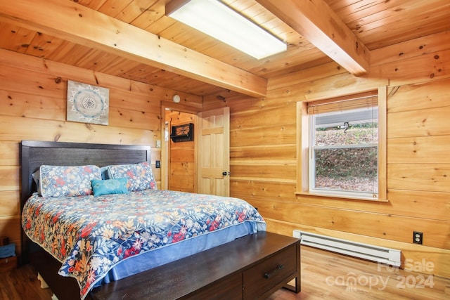 bedroom with hardwood / wood-style flooring, a baseboard radiator, wooden walls, and beamed ceiling