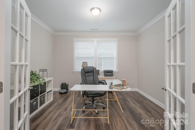 office with dark hardwood / wood-style flooring and french doors