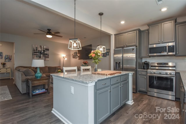 kitchen with stainless steel appliances, dark hardwood / wood-style floors, a kitchen island with sink, and decorative light fixtures