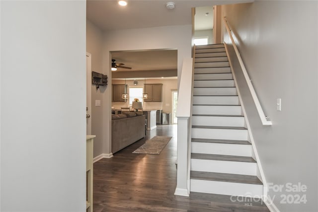 stairway with hardwood / wood-style flooring and ceiling fan