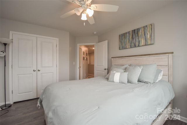 bedroom with ceiling fan, dark hardwood / wood-style floors, and a closet