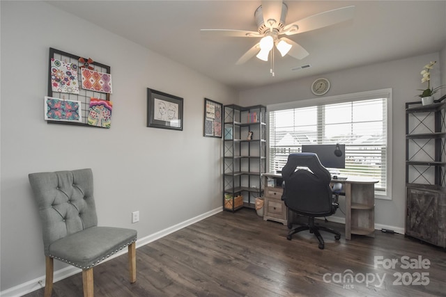 office with dark wood-type flooring, visible vents, and baseboards