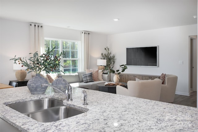 kitchen featuring light stone counters, sink, and hardwood / wood-style floors