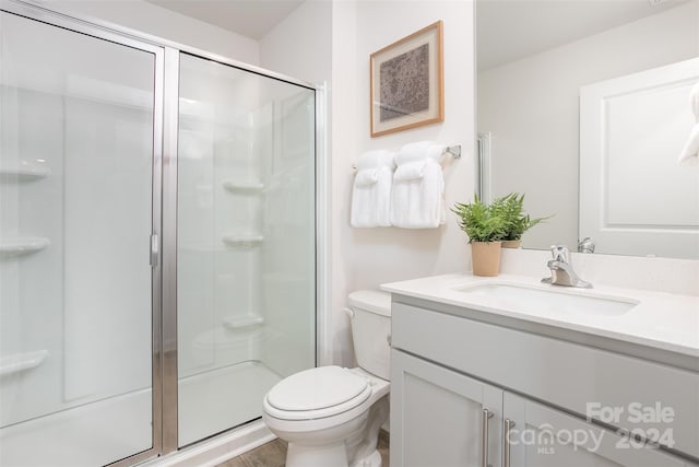 bathroom with vanity, an enclosed shower, and toilet