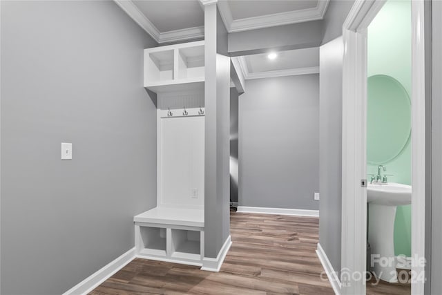 mudroom featuring ornamental molding and hardwood / wood-style floors