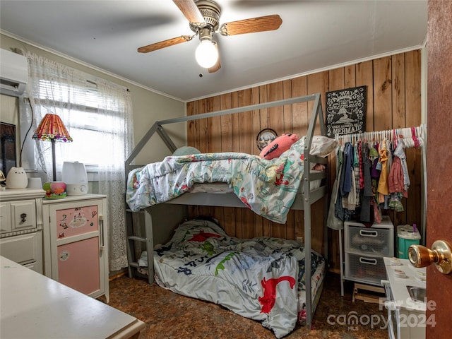 bedroom with an AC wall unit, ornamental molding, wooden walls, and ceiling fan