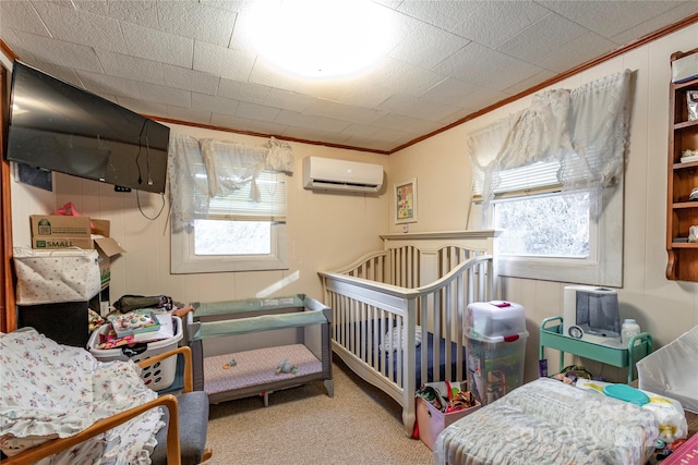 bedroom featuring multiple windows, a wall mounted AC, light colored carpet, and crown molding