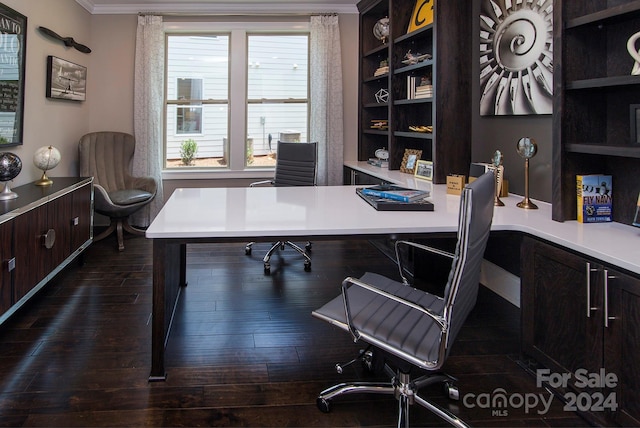 office featuring ornamental molding and dark hardwood / wood-style floors