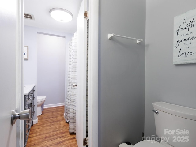 bathroom featuring hardwood / wood-style flooring, vanity, and toilet