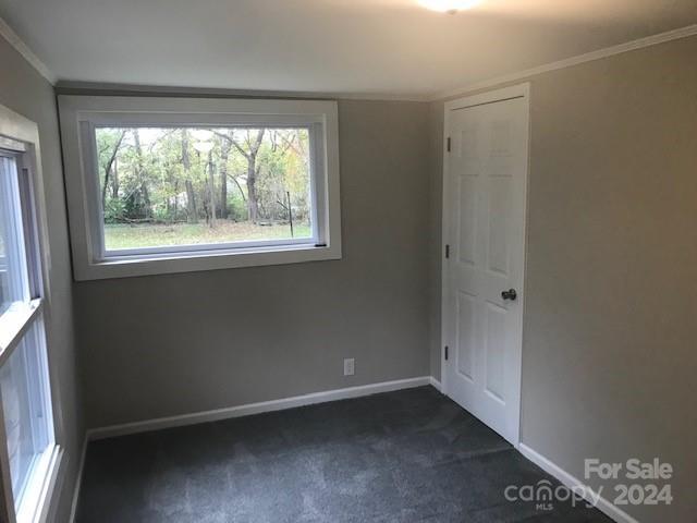 spare room with dark colored carpet, baseboards, and crown molding