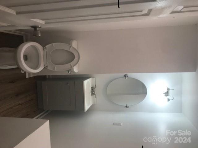 bathroom with concrete flooring, vanity, and toilet