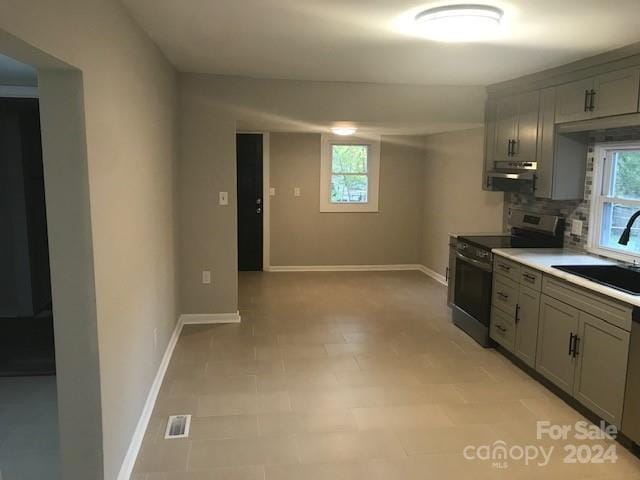 kitchen with a healthy amount of sunlight, electric range, visible vents, a sink, and under cabinet range hood