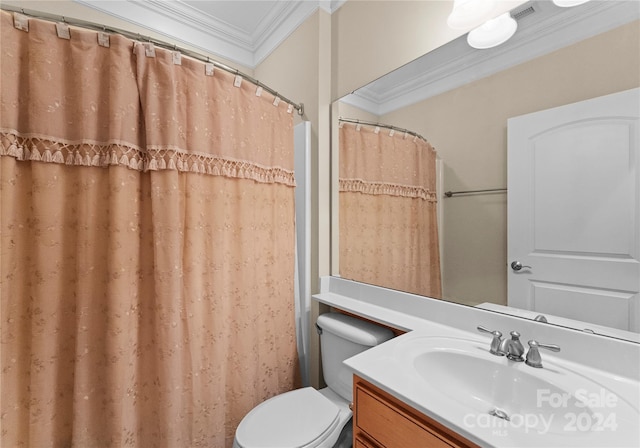 bathroom featuring vanity, toilet, crown molding, and walk in shower