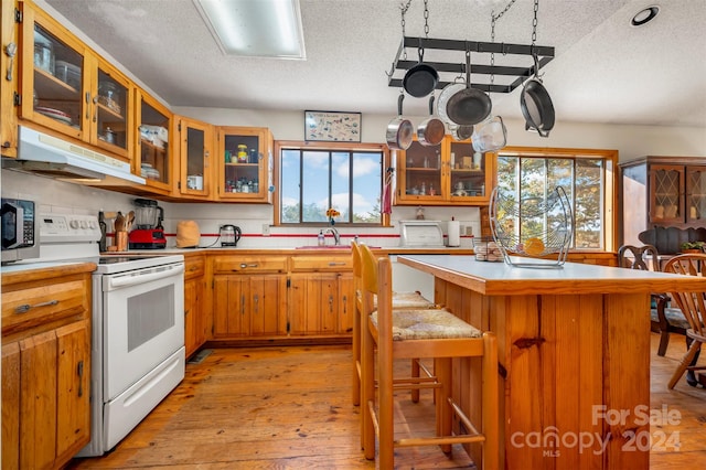 kitchen featuring plenty of natural light, light hardwood / wood-style floors, a textured ceiling, and white range with electric cooktop