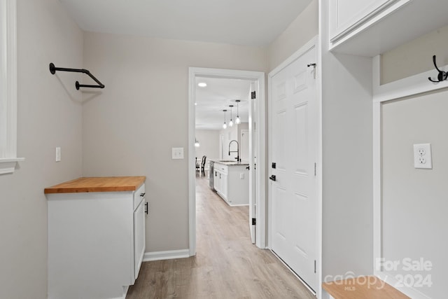 hall with light hardwood / wood-style floors and sink