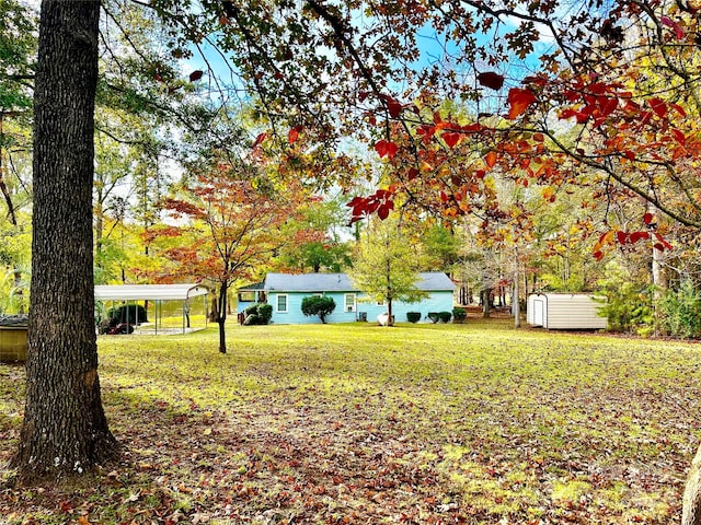 view of yard featuring a shed and a carport