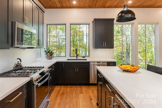 kitchen with hanging light fixtures, stainless steel appliances, wooden ceiling, a wealth of natural light, and light hardwood / wood-style floors