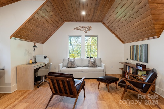 living area featuring light hardwood / wood-style flooring, wood ceiling, ornamental molding, and vaulted ceiling