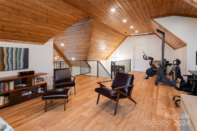 interior space with wooden ceiling, light wood-type flooring, and vaulted ceiling