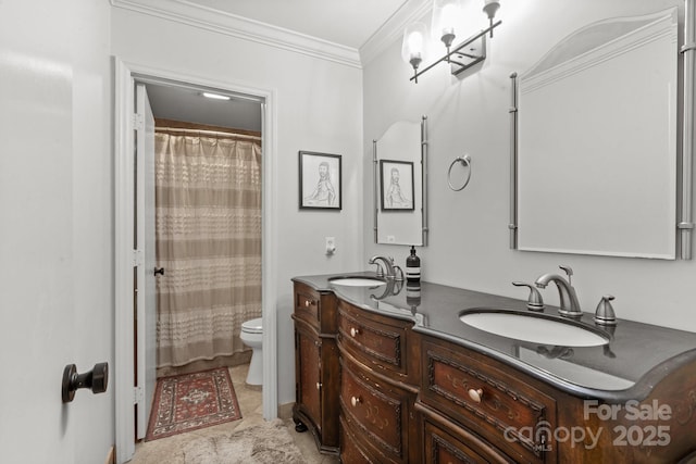 bathroom featuring vanity, toilet, crown molding, and a shower with curtain