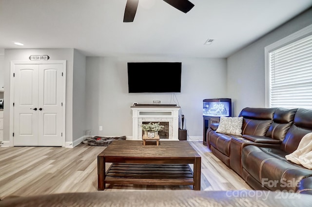 living room with light wood-type flooring and ceiling fan