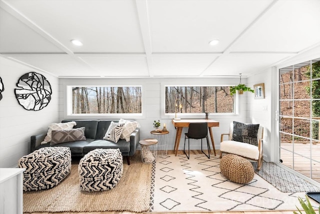 sunroom / solarium with beamed ceiling