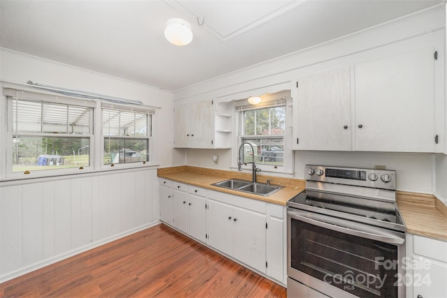 kitchen with white cabinets, wood-type flooring, sink, and electric range