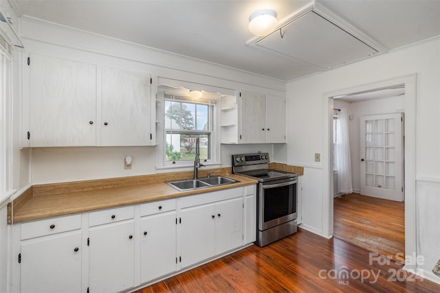 kitchen featuring white cabinetry, dark hardwood / wood-style floors, sink, and electric stove