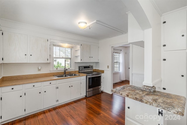 kitchen featuring white cabinetry, dark wood-type flooring, sink, and electric stove