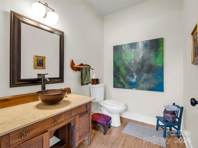 bathroom with vanity, wood-type flooring, and toilet