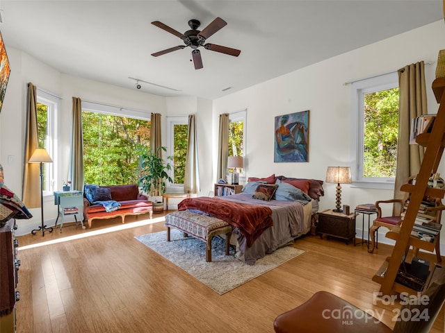 bedroom featuring multiple windows, light hardwood / wood-style floors, and ceiling fan