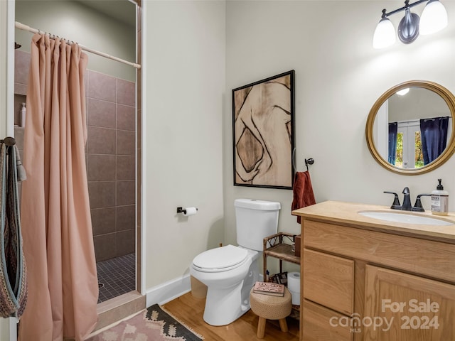 bathroom with toilet, curtained shower, vanity, and wood-type flooring